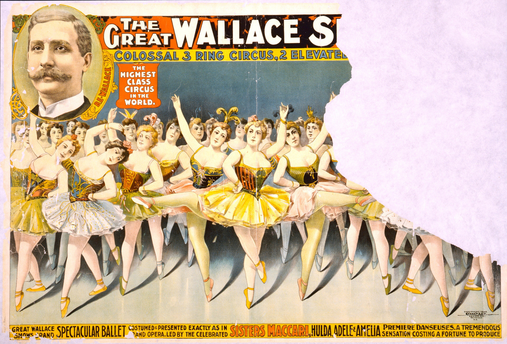 circus advertisement poster for 'The Great Wallace Shows' containing a portrait of Wallace in the corner featuring in the main an illustration of a multitude of women performing ballet 