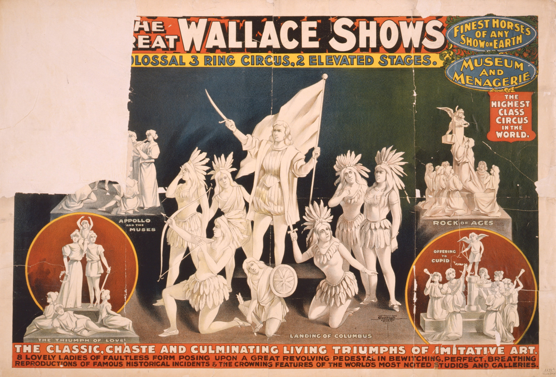 circus advertisement poster for 'The Great Wallace Shows' containing a portrait of Wallace in the corner featuring in the main an illustration, depicting several people white and colorless with with faint outlines so as to resemble statues made of light-colored stone, the centerpiece of which, captioned 'Landing of Columbus,' consists of a European person holding a large flag and an upward-pointe sword surrounded by several indigenous persons