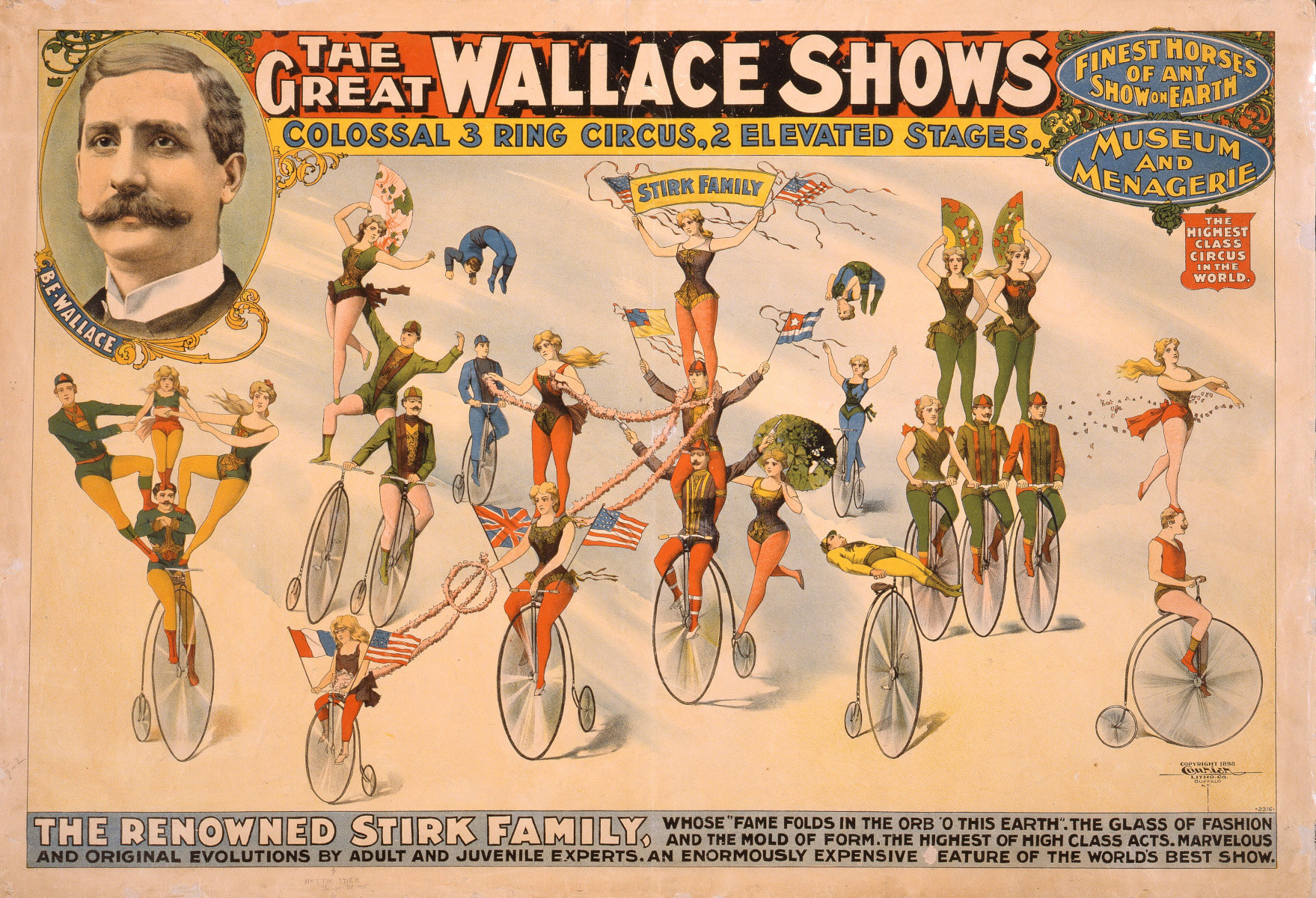 circus advertisement poster for 'The Great Wallace Shows' containing a portrait of Wallace in the corner featuring in the main an illustration of a number of women and men performing on bicycles, identified as the 'Stirk family'