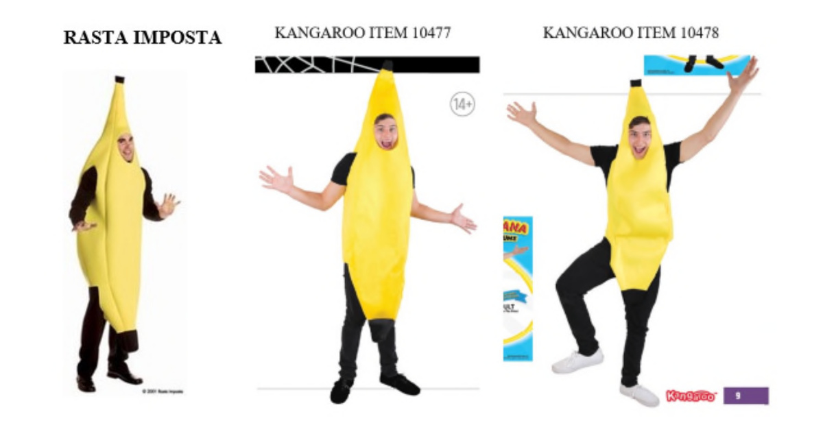 Three differnent images of a man in a full-length banana costume with arms and legs protruding through holes and a face protruding through an oval window. Each pictured man appears to be excited and joyful. From left to right, the images are marked 'RASTA IMPOSTA,' 'KANGAROO ITEM 10477,' and 'KANGAROO ITEM 10478'