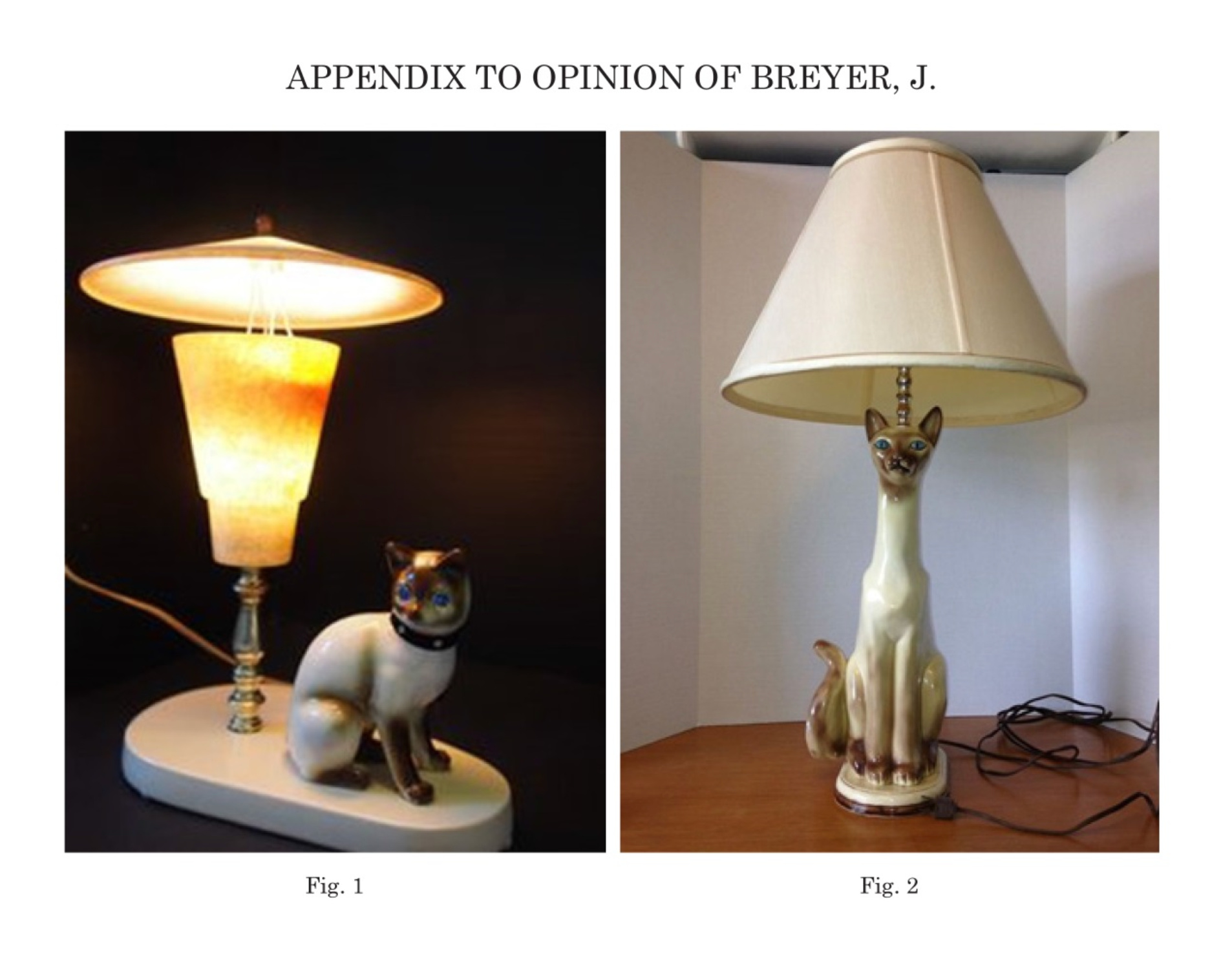 Two photos of lamps featuring cat sculptures. The Figure 1 lamp on the left a single base with two elements on it, one element being a light-giving portion consisting of a pole extending upward topped by an illuminated portion with a lamp shade, the other element, separately situated on the base and to the right of the light-giving portion consisting of a three-dimensional representation or sculpture of a house cat apparently made of glossy material such as ceramic. The Figure 2 the lamp on the right has a base upon which there is one element that consists of a three-dimensional representation or sculpture of a house cat apparently made of glossy material such as ceramic, from the top of which protrudes a pole topped by a lampshade.