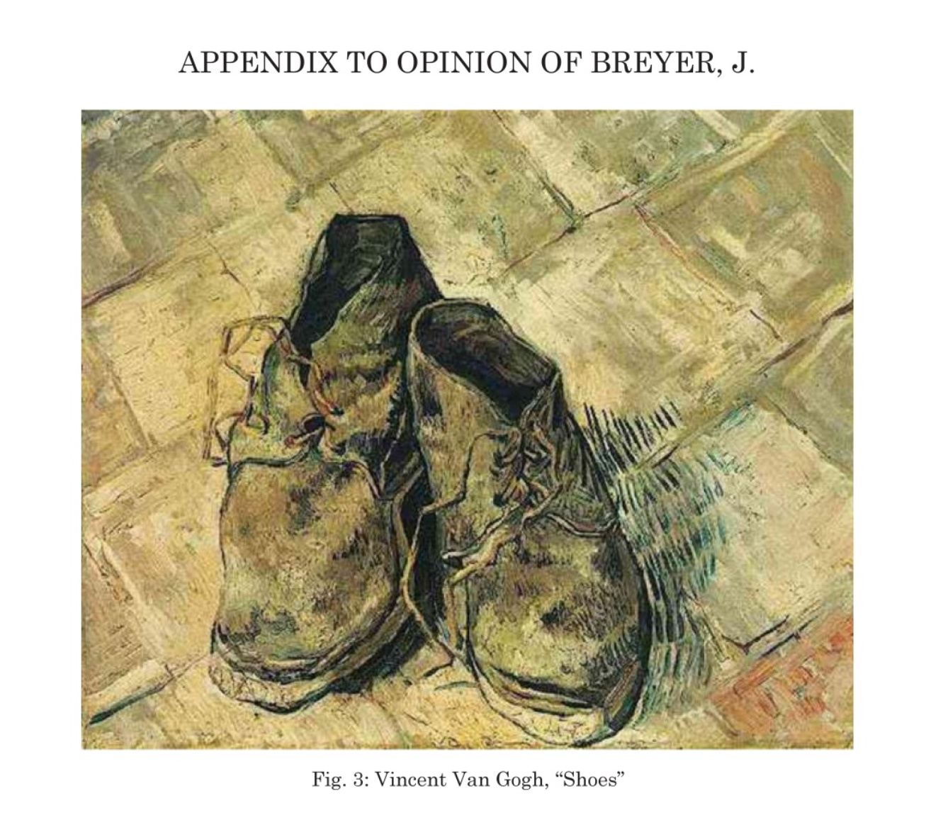 An impressionistic oil painting of laced but untied brown shoes, apparently made of leather and in a partially collapsed state from heavy or lengthy use. Said shoes are the only thing pictured against an apparent tiled floor. A legend below the image says, 'Fig. 3 Vincent Van Gogh, 'Shoes''