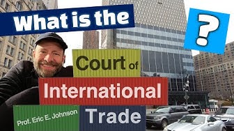 Smiling man in front of metal and glass building with text over images of stacked shipping containers reading: What is the Court of International Trade? Prof. Eric E. Johnson