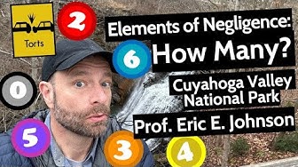 Man in ball cap near water fall surrounded by numerals with text: Elements of Negligence: How Many? Cuyahoga Valley National Park Prof. Eric E. Johnson