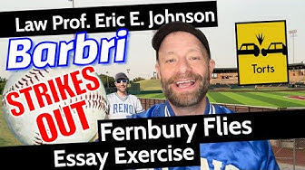 Images of man in baseball apparel and baseball field with text: Barbri strikes out Fernbury Flies Essay Exercise Law Prof. Eric E. Johnson
